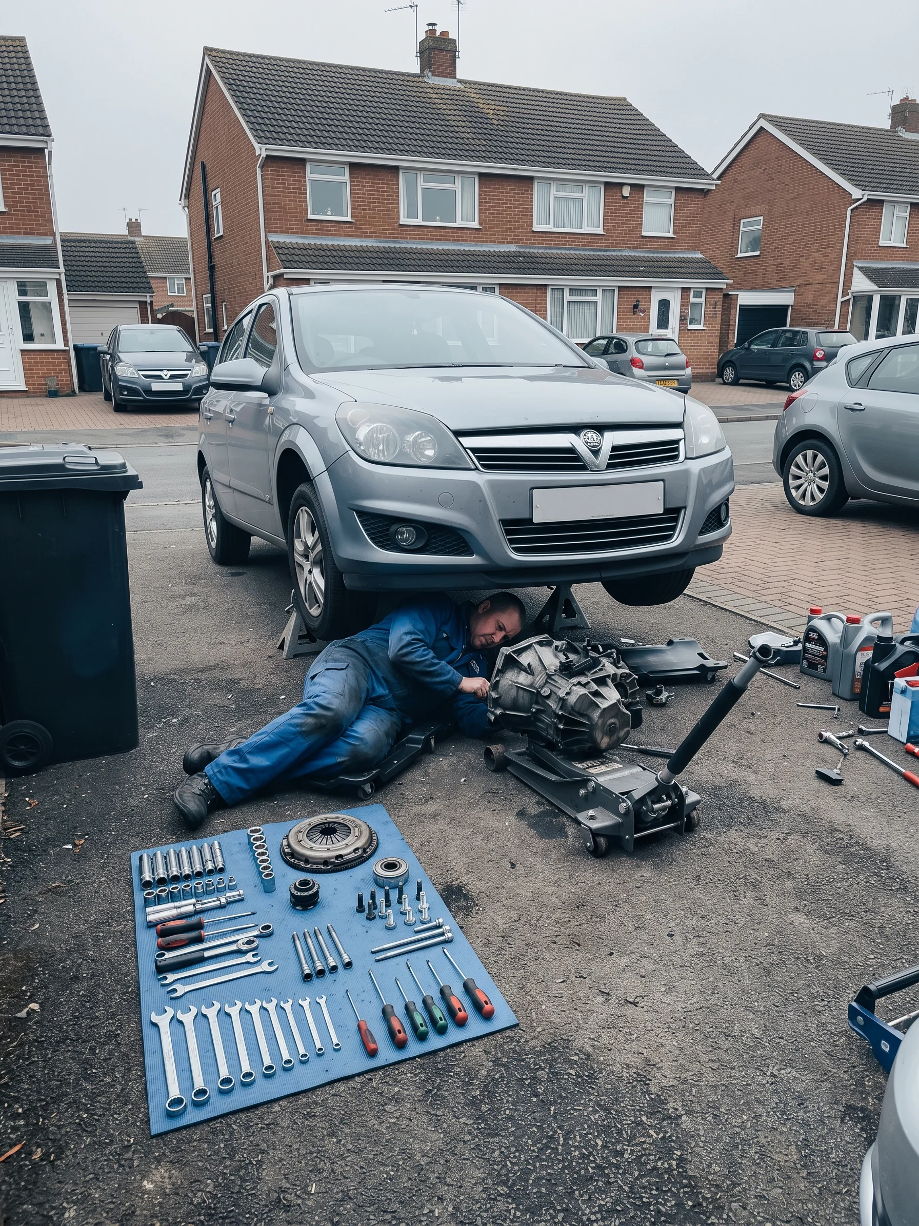 Mechanic working under a car on a residential driveway with the gearbox supported on a low-profile jack, tools laid in rows on a ground mat