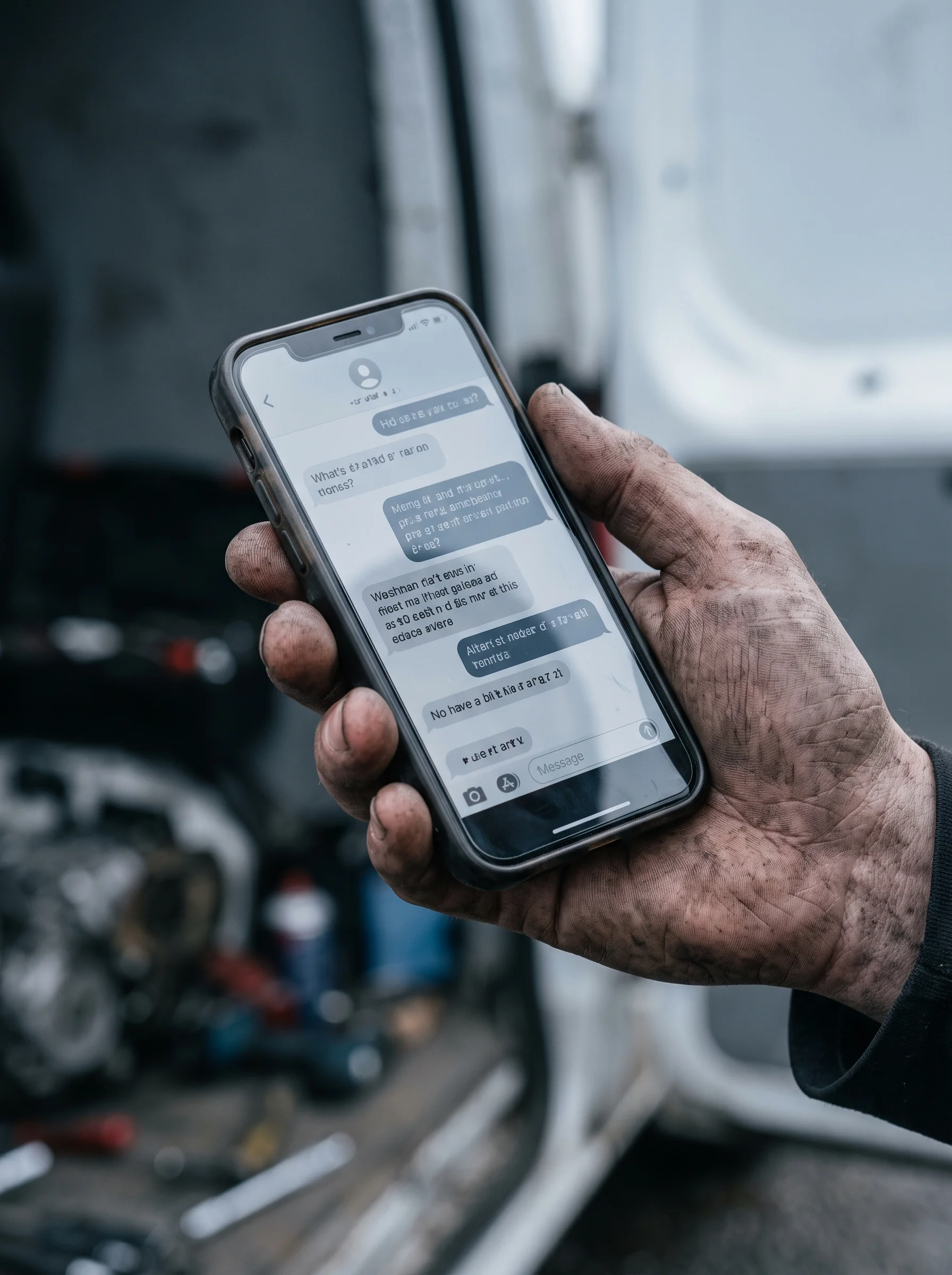 Phone held in a work-grimed hand showing a text message quote thread, brick terrace out of focus behind