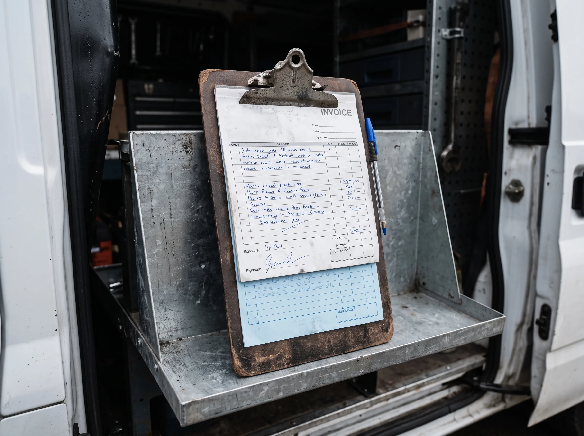 Carbonless duplicate invoice pad on a clipboard resting on the open rear door shelf of a white Transit van