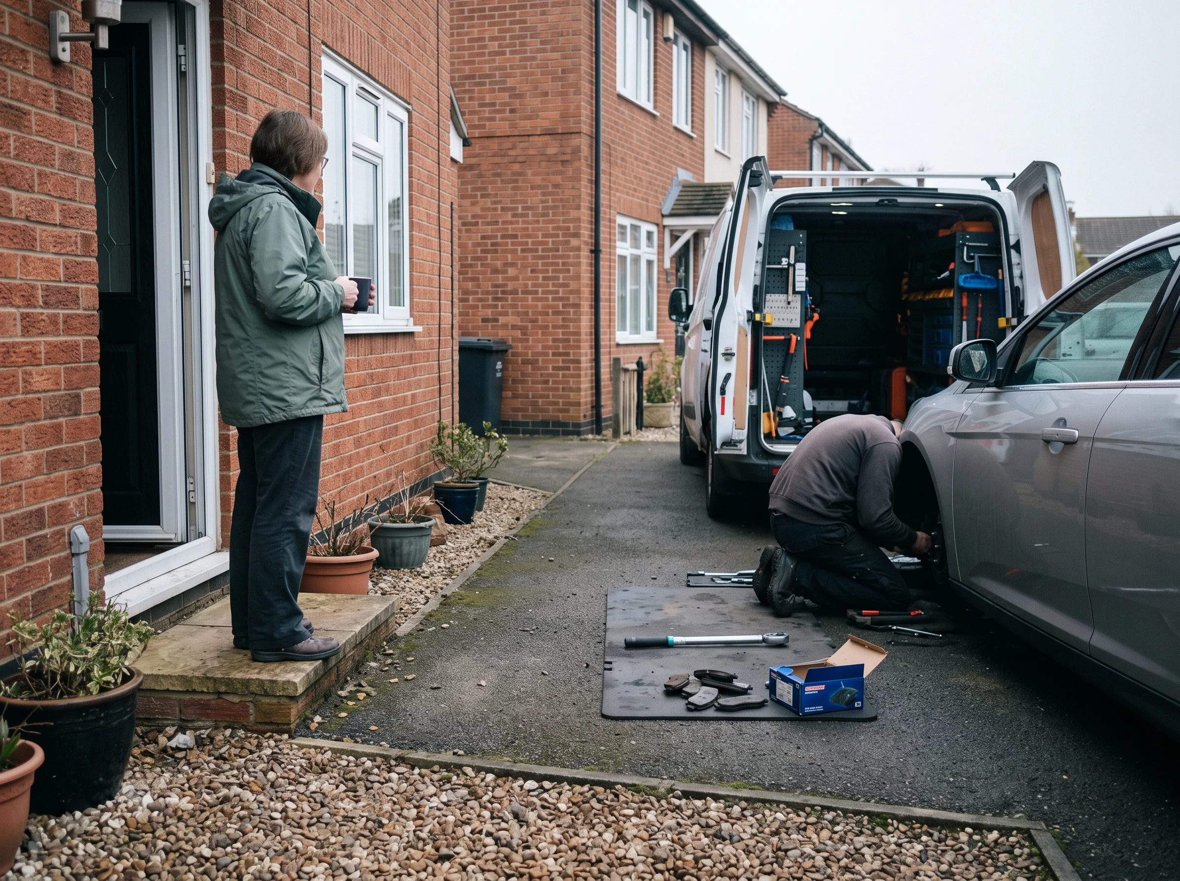Customer with a mug of tea watching from their doorstep while a mechanic works at a car on the drive