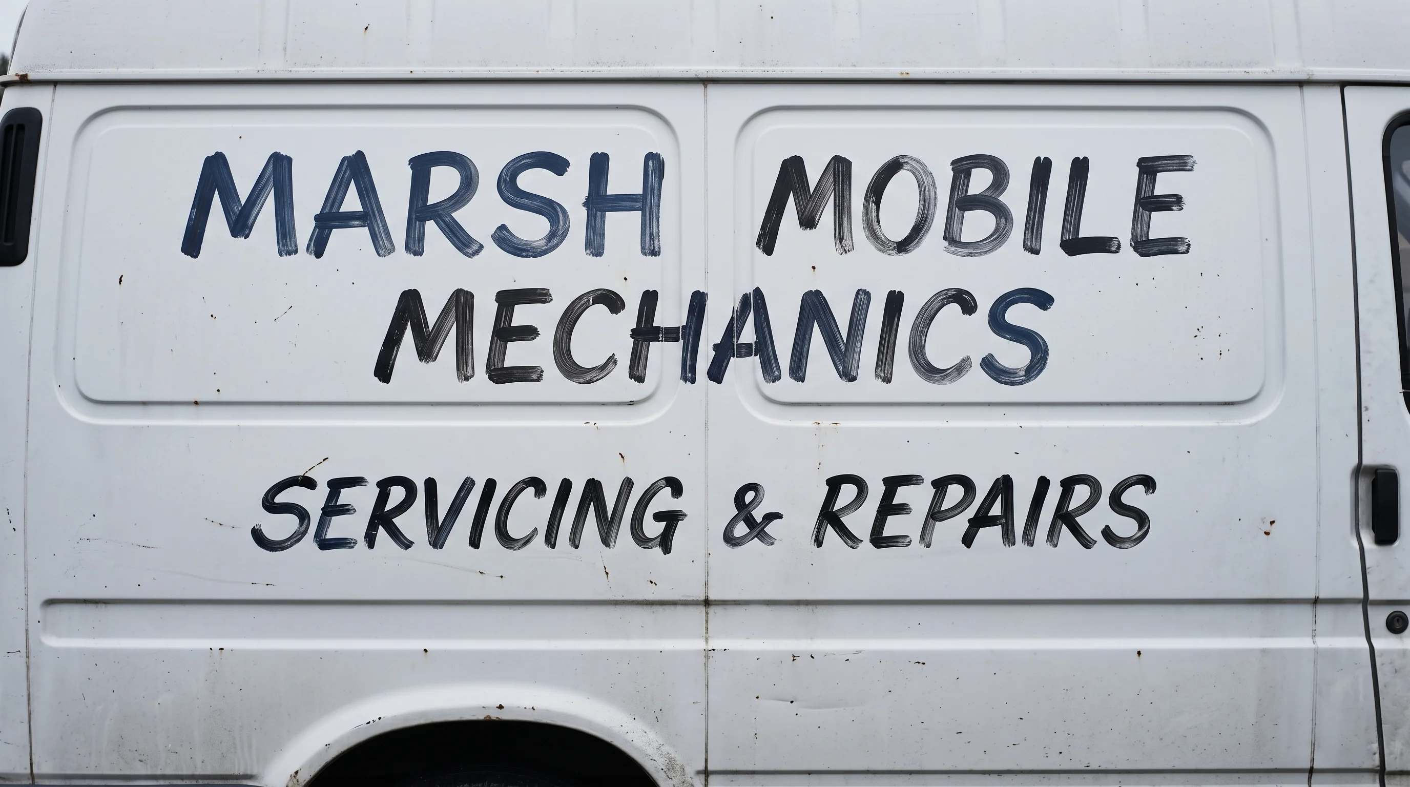 Hand-signwritten side of a white Transit van, lettering plain and slightly weathered