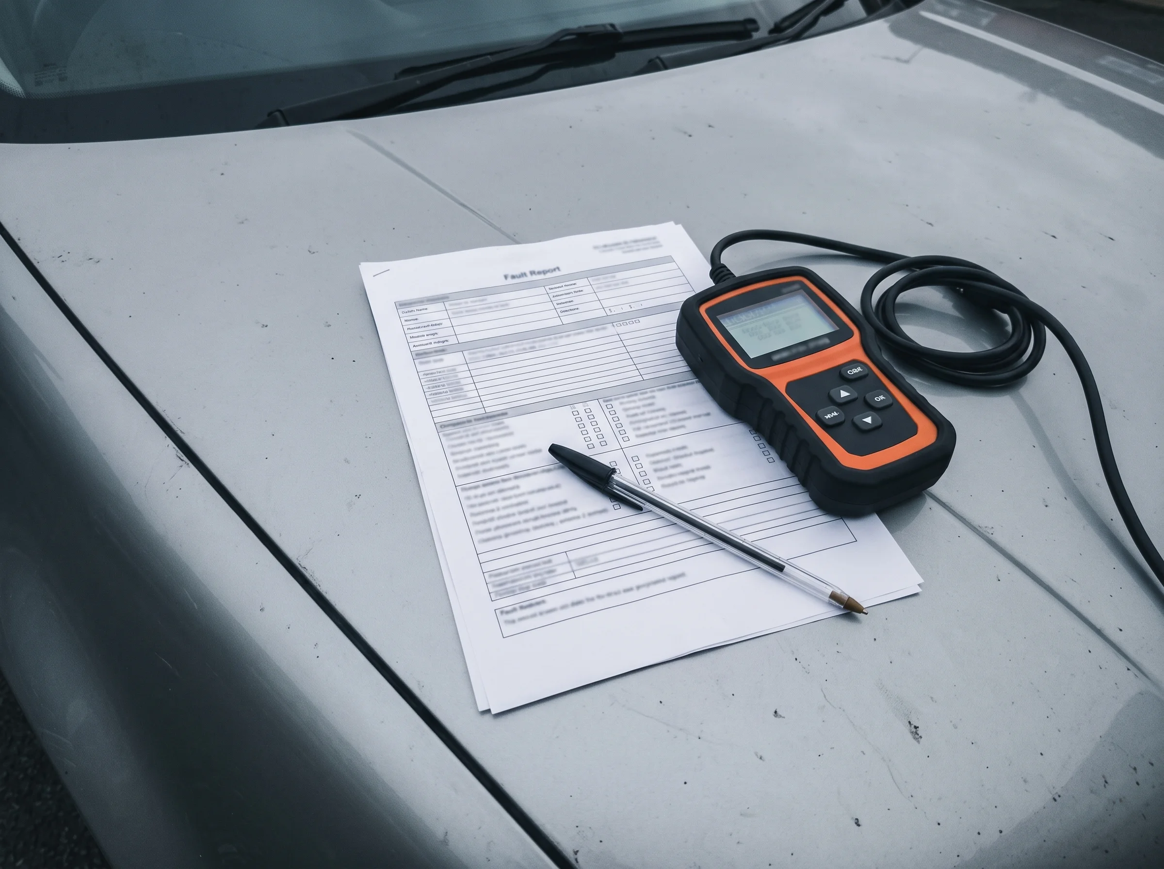Printed diagnostic fault report on a car bonnet beside an OBD reader with a ballpoint pen resting on the paper