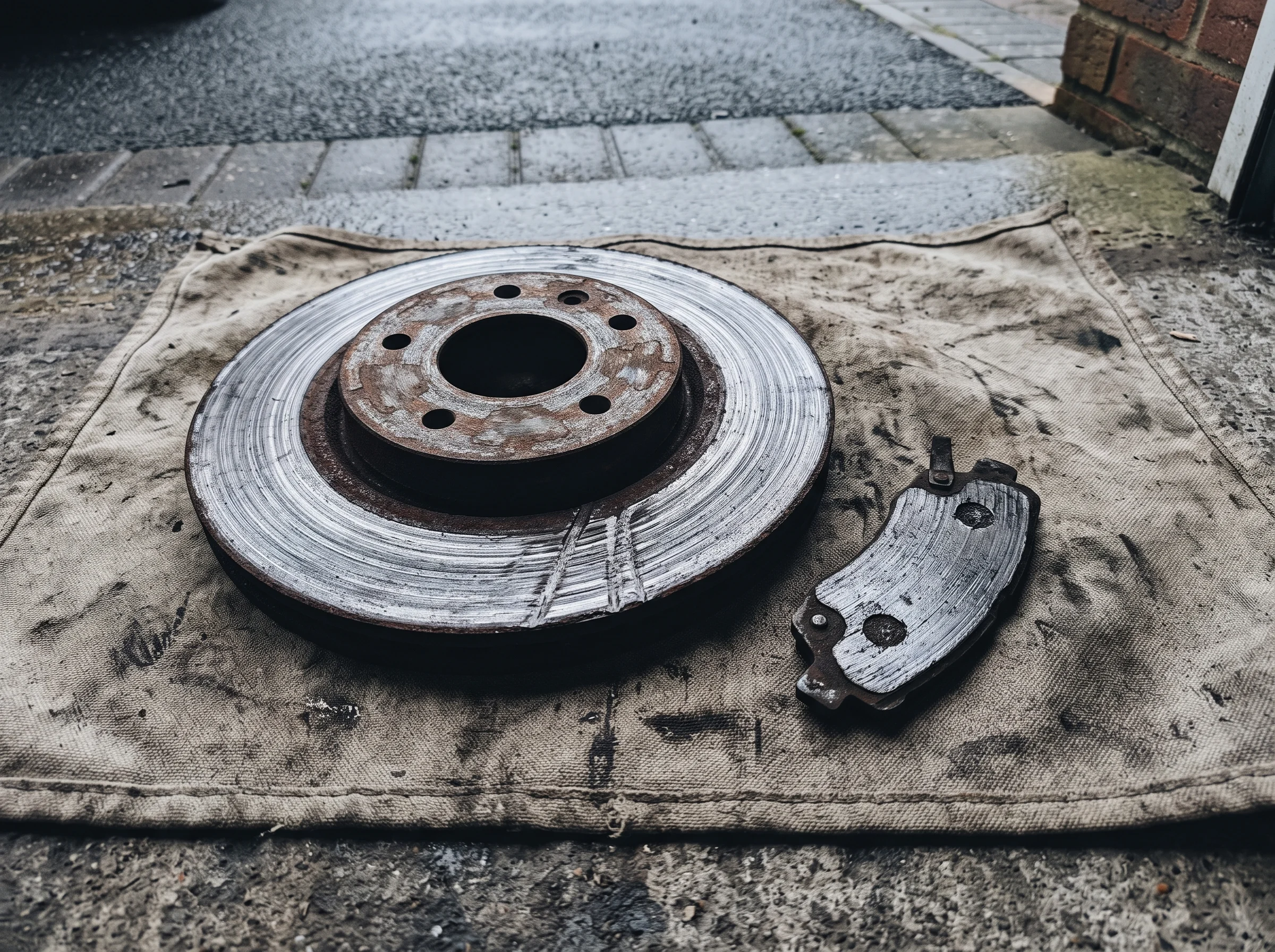 Scored brake disc and a pad worn to its backing plate laid on a ground mat on wet tarmac