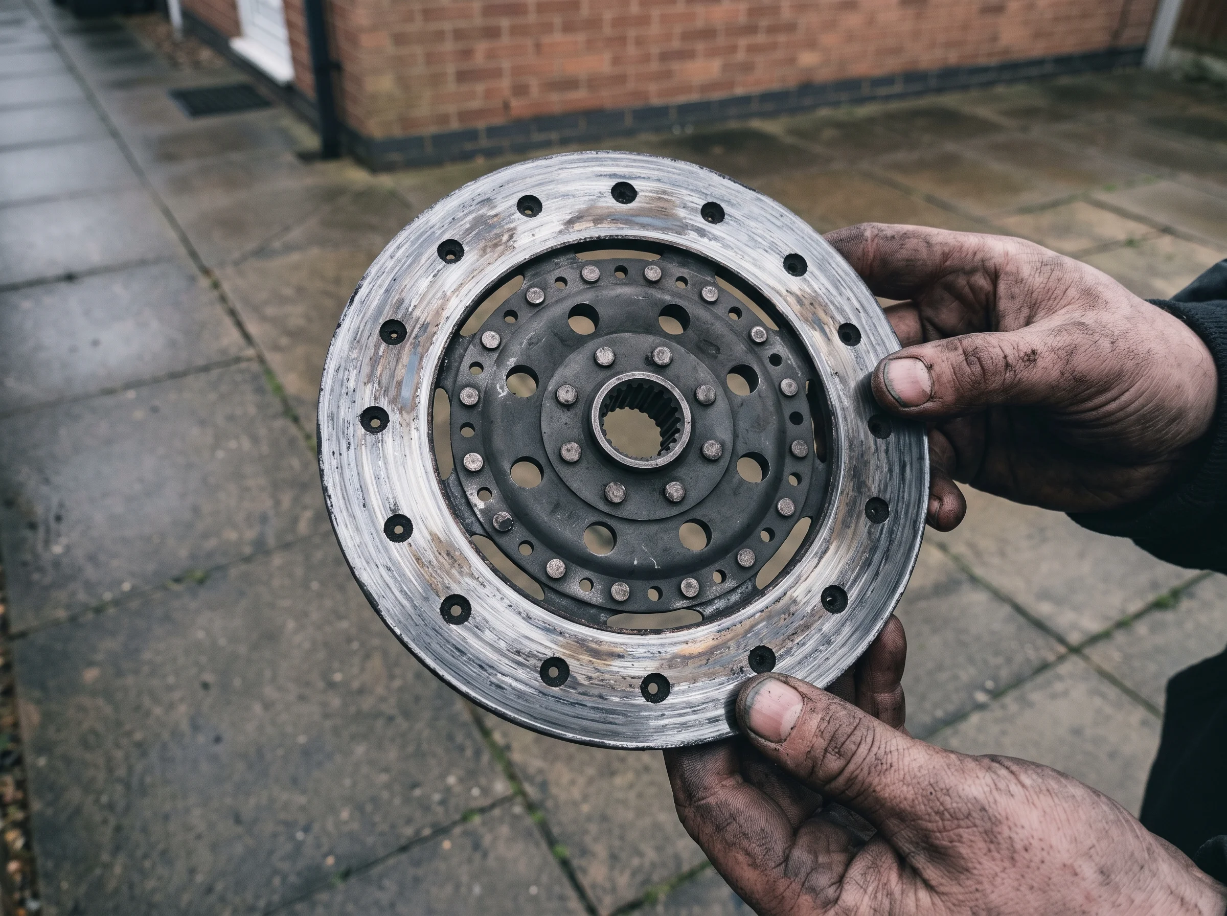 Worn, glazed clutch friction plate held up to the camera by grimy hands, tarmac behind