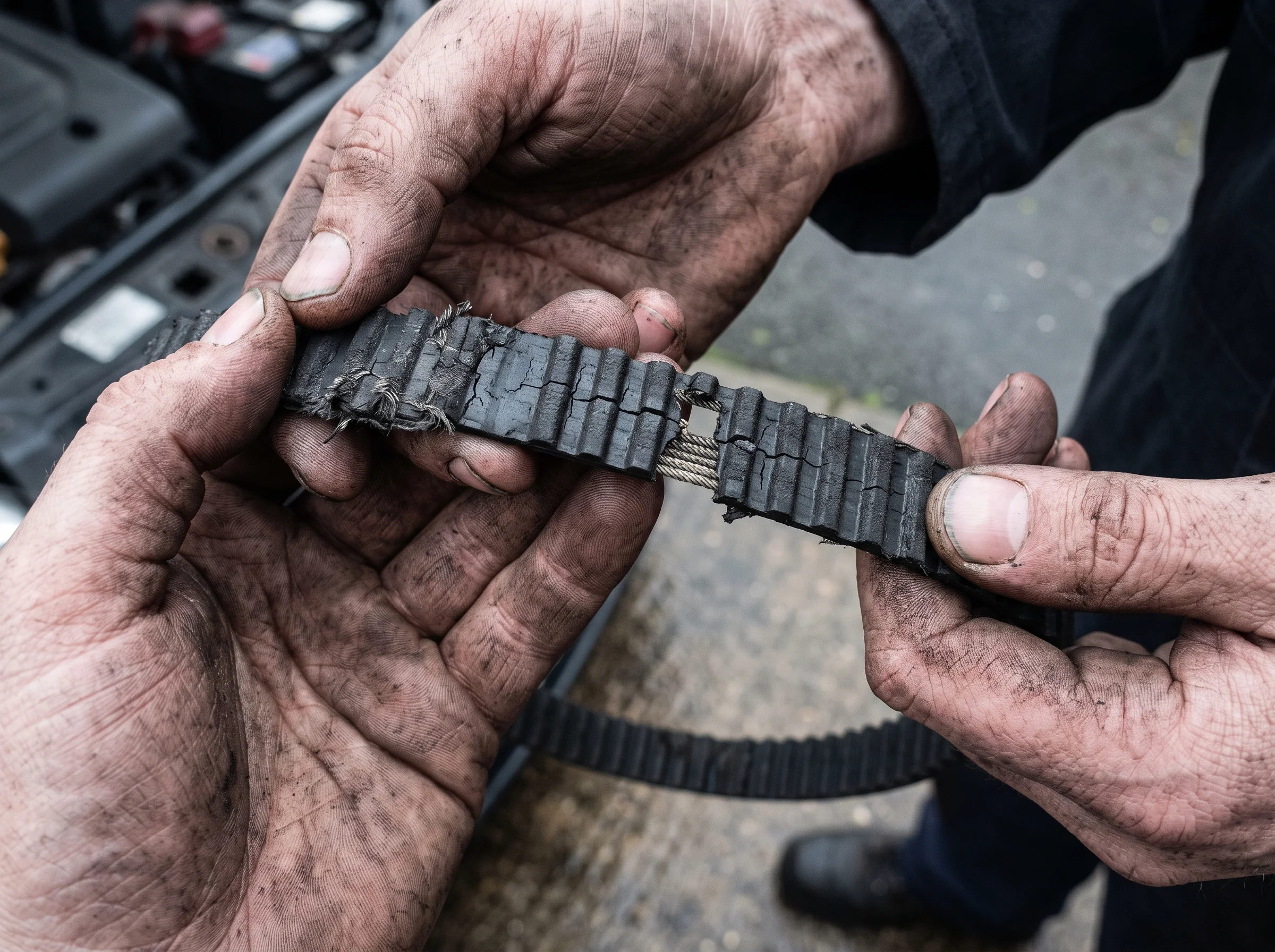 Frayed cambelt with cracked teeth held taut between two hands over a driveway ground mat