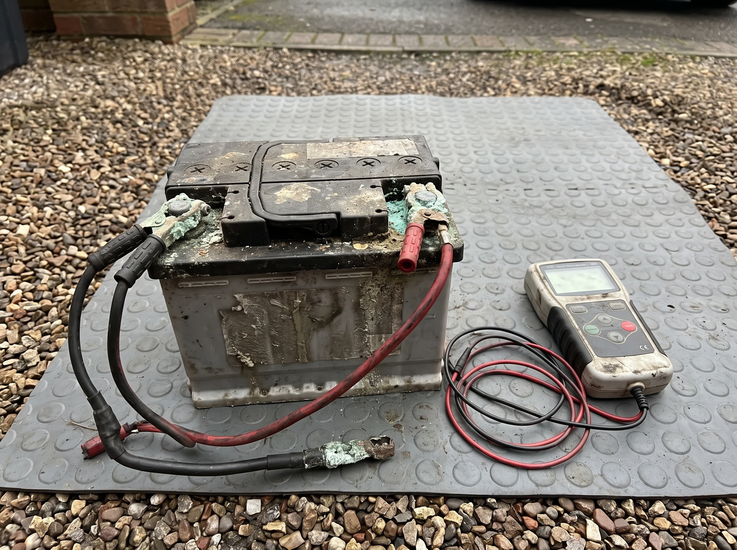 Swollen car battery with corroded terminals standing on a ground mat beside a multimeter
