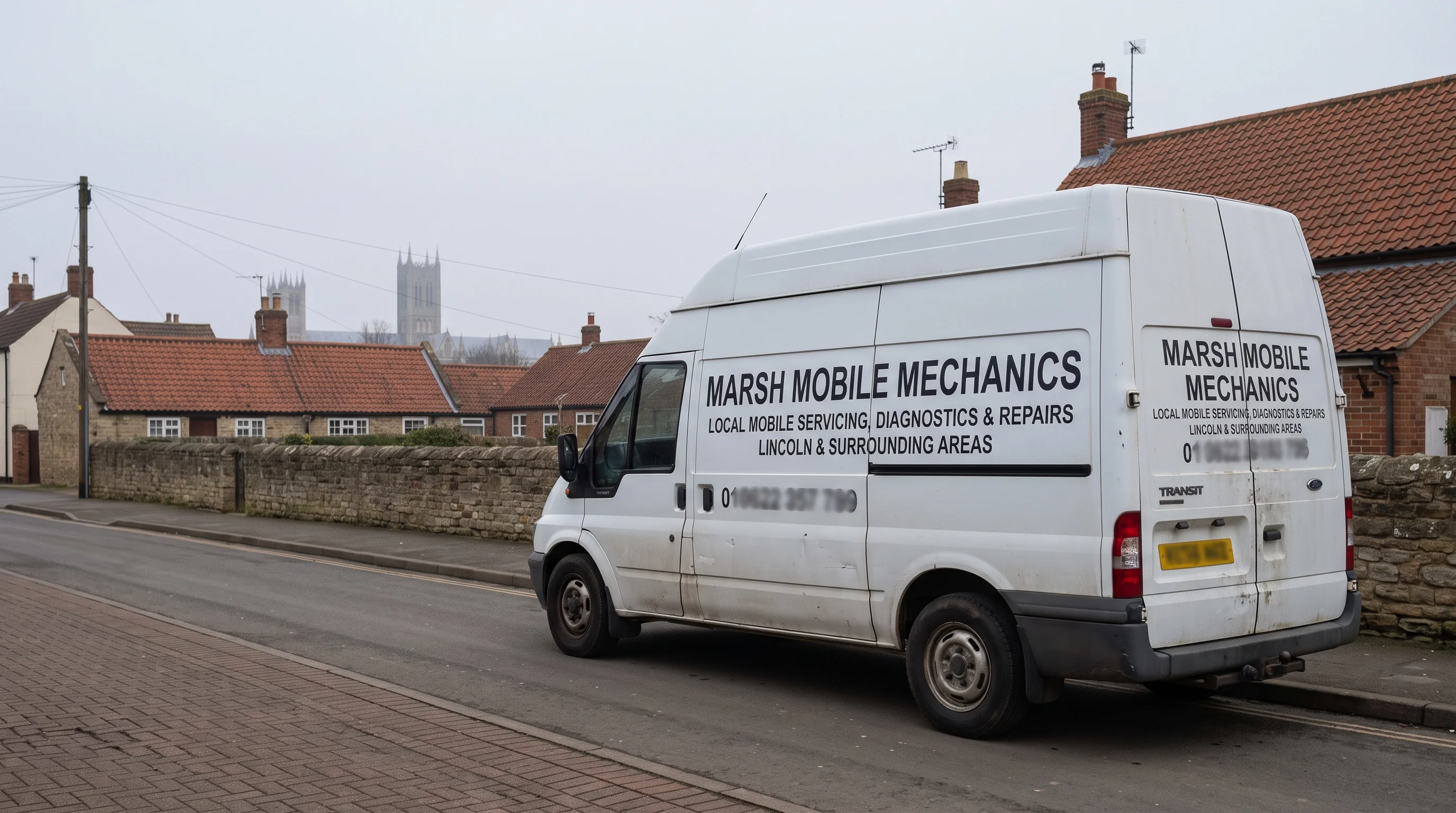 White signwritten Transit van parked on a village kerb with Lincoln cathedral faint on the grey horizon